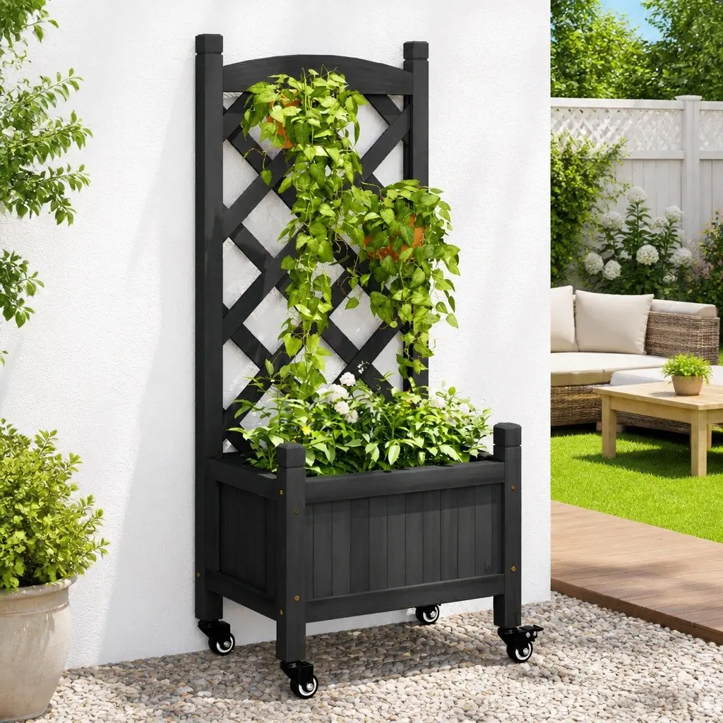 Wooden Planter Black with Trellis and Wheels for Climbing Plants