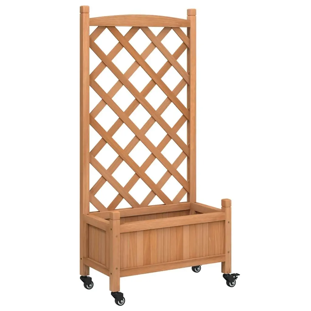 Wooden Planter Brown Solid Fir with Trellis and Wheels for Climbing Plants