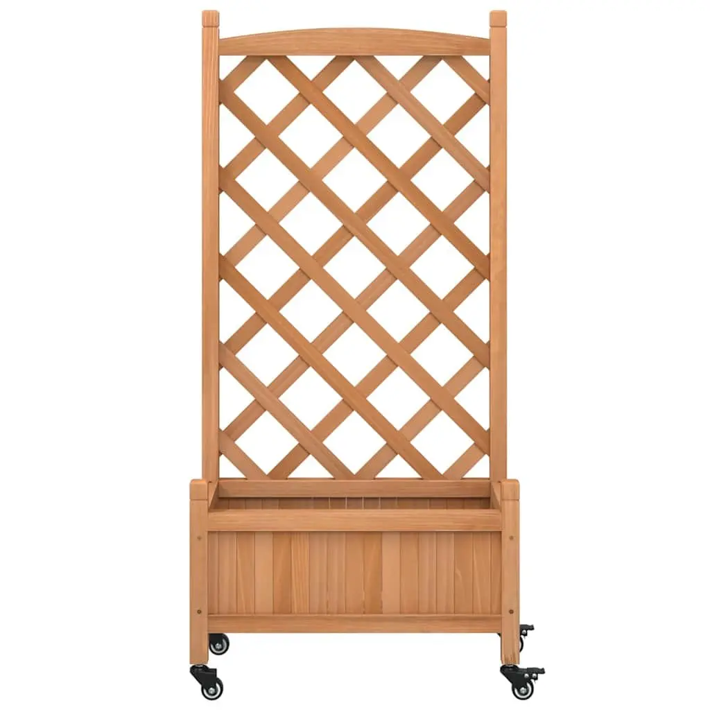 Wooden Planter Brown Solid Fir with Trellis and Wheels for Climbing Plants