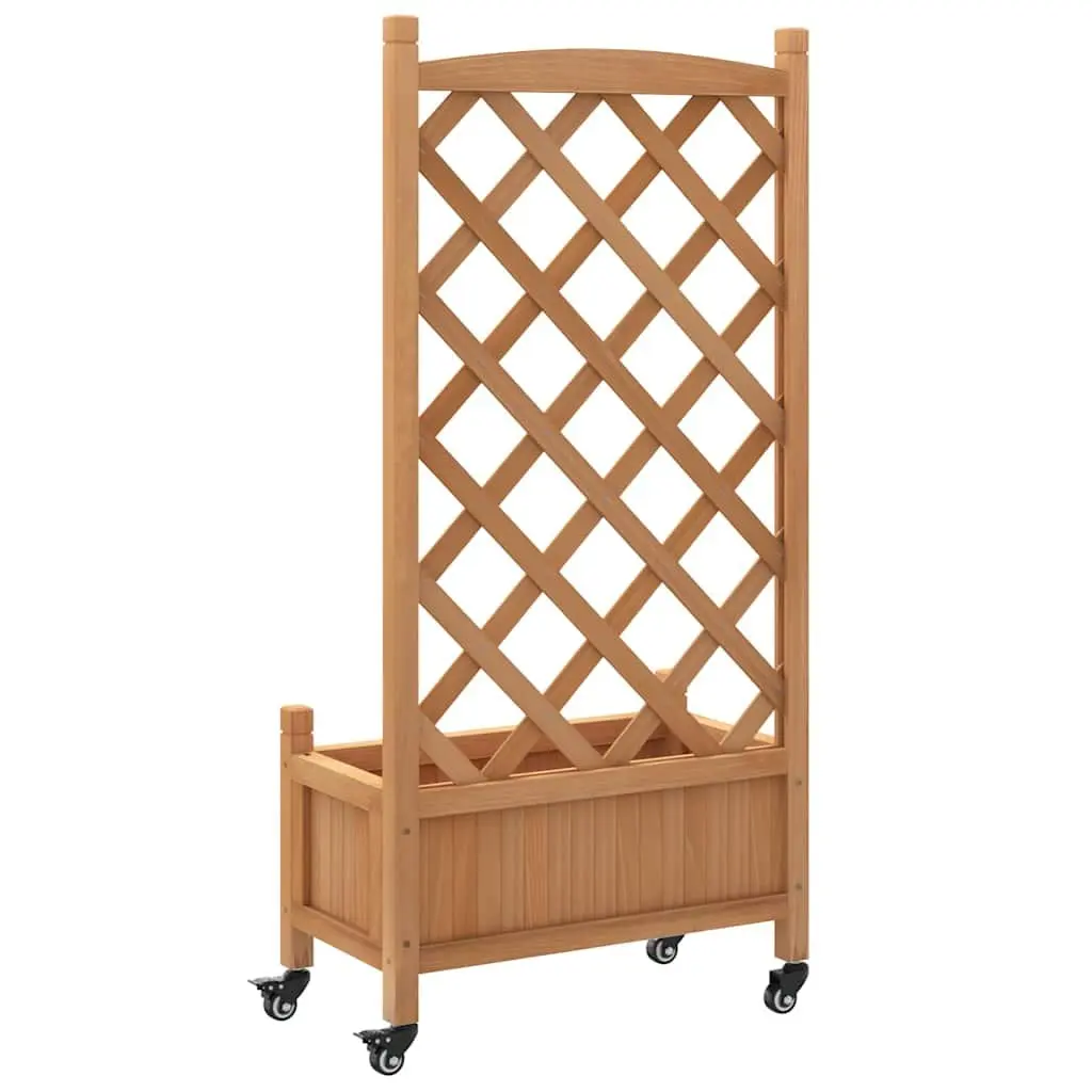 Wooden Planter Brown Solid Fir with Trellis and Wheels for Climbing Plants