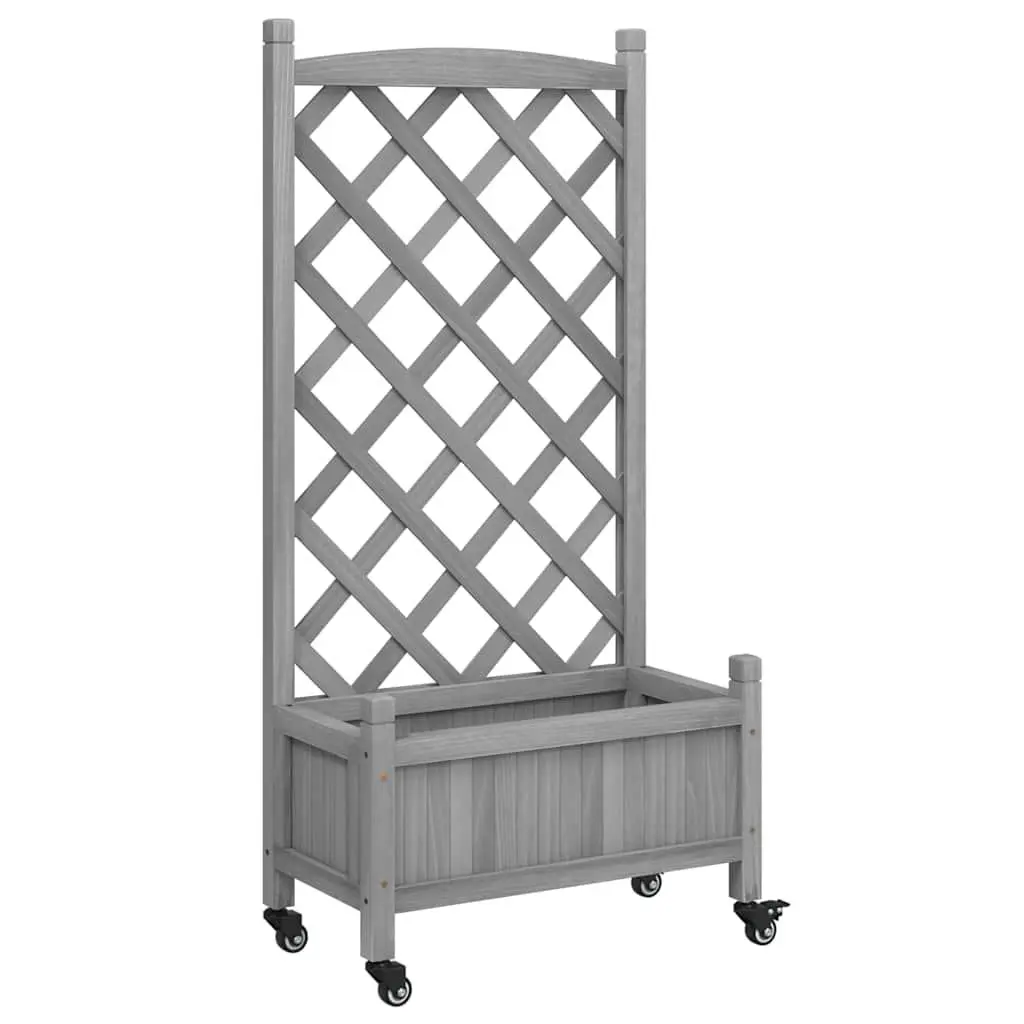 Wooden Planter Grey with Trellis Climbing Support and Wheels