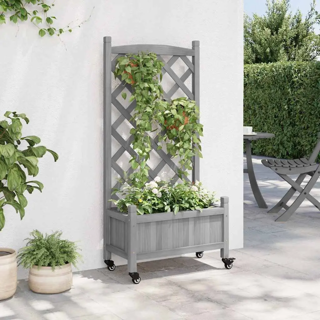 Wooden Planter Grey with Trellis Climbing Support and Wheels