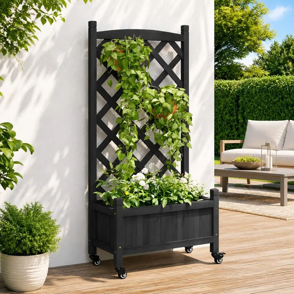 Wooden Planter Black with Trellis and Wheels for Climbing Plants