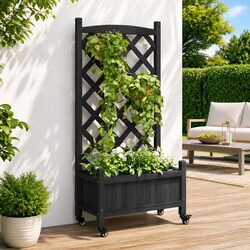 Wooden Planter with Wheels and Trellis for Climbing Plants