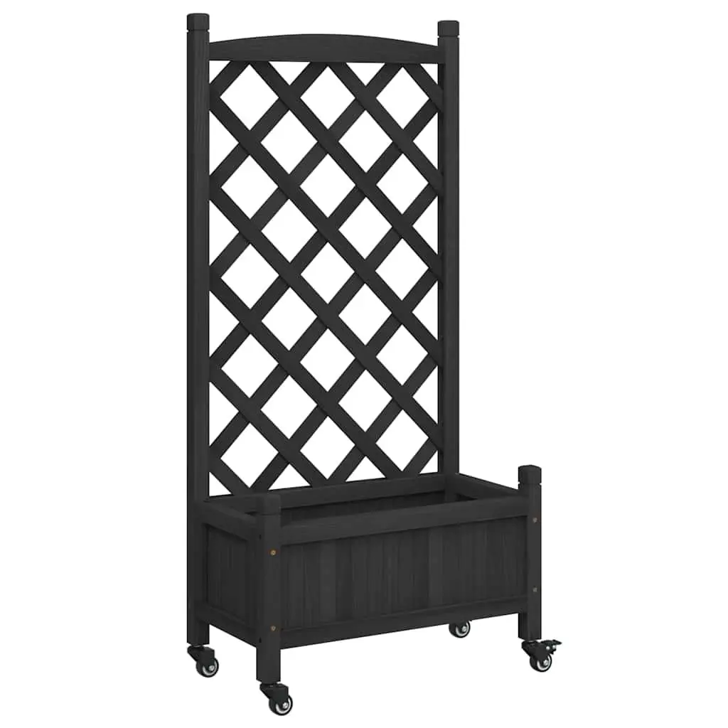 Wooden Planter Black with Trellis and Wheels for Climbing Plants