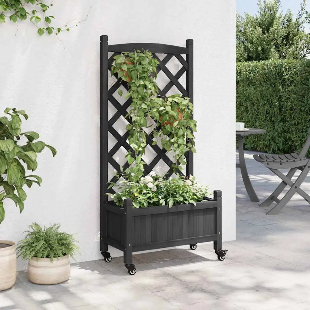 Wooden Planter Black with Trellis and Wheels for Climbing Plants