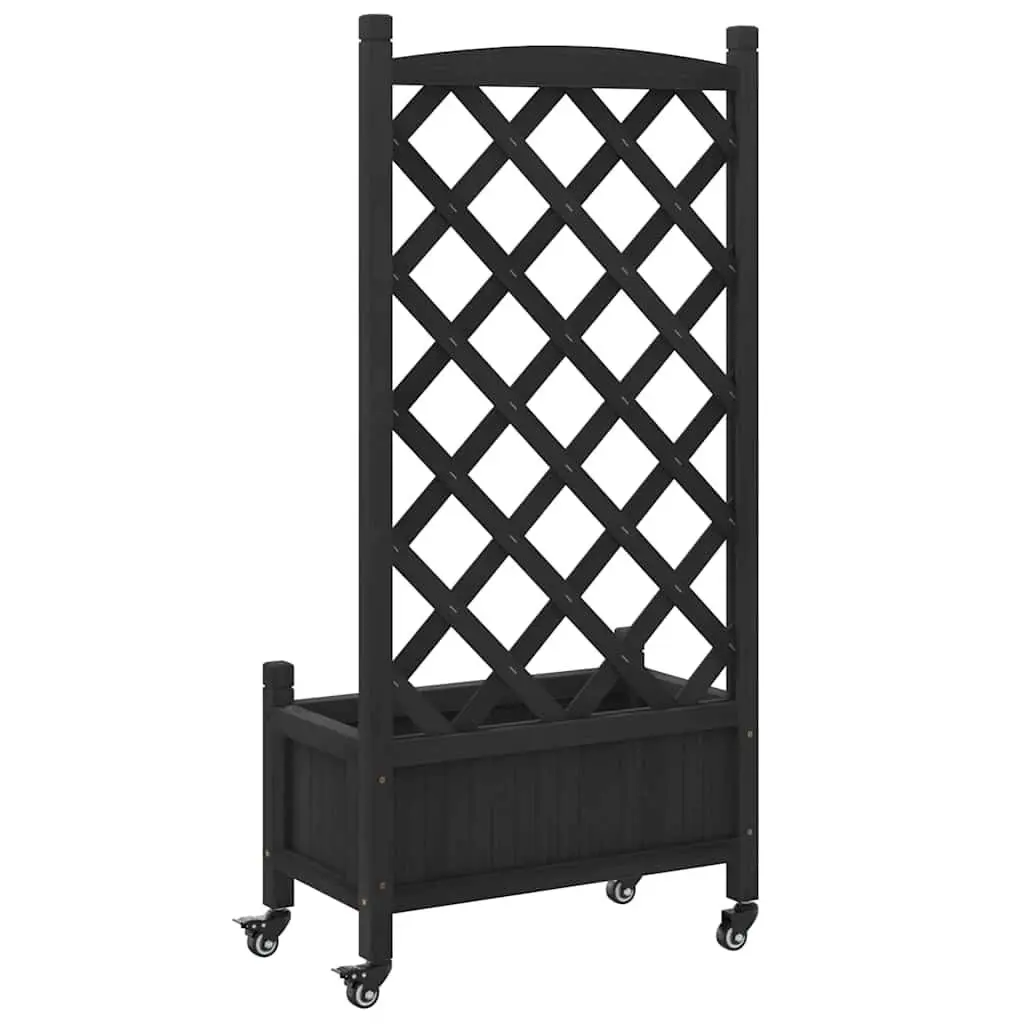 Wooden Planter Black with Trellis and Wheels for Climbing Plants