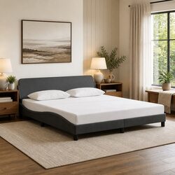 King Bed Frame 180x200cm Grey Fabric Headboard Bedroom Furniture Slatted Base