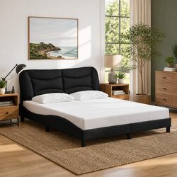 Queen Bed Frame with Fabric Headboard and Plywood Slats Black 152x203cm