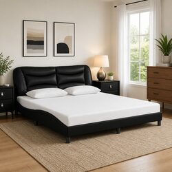 Concise Black King Bed Frame with Faux Leather Upholstery
