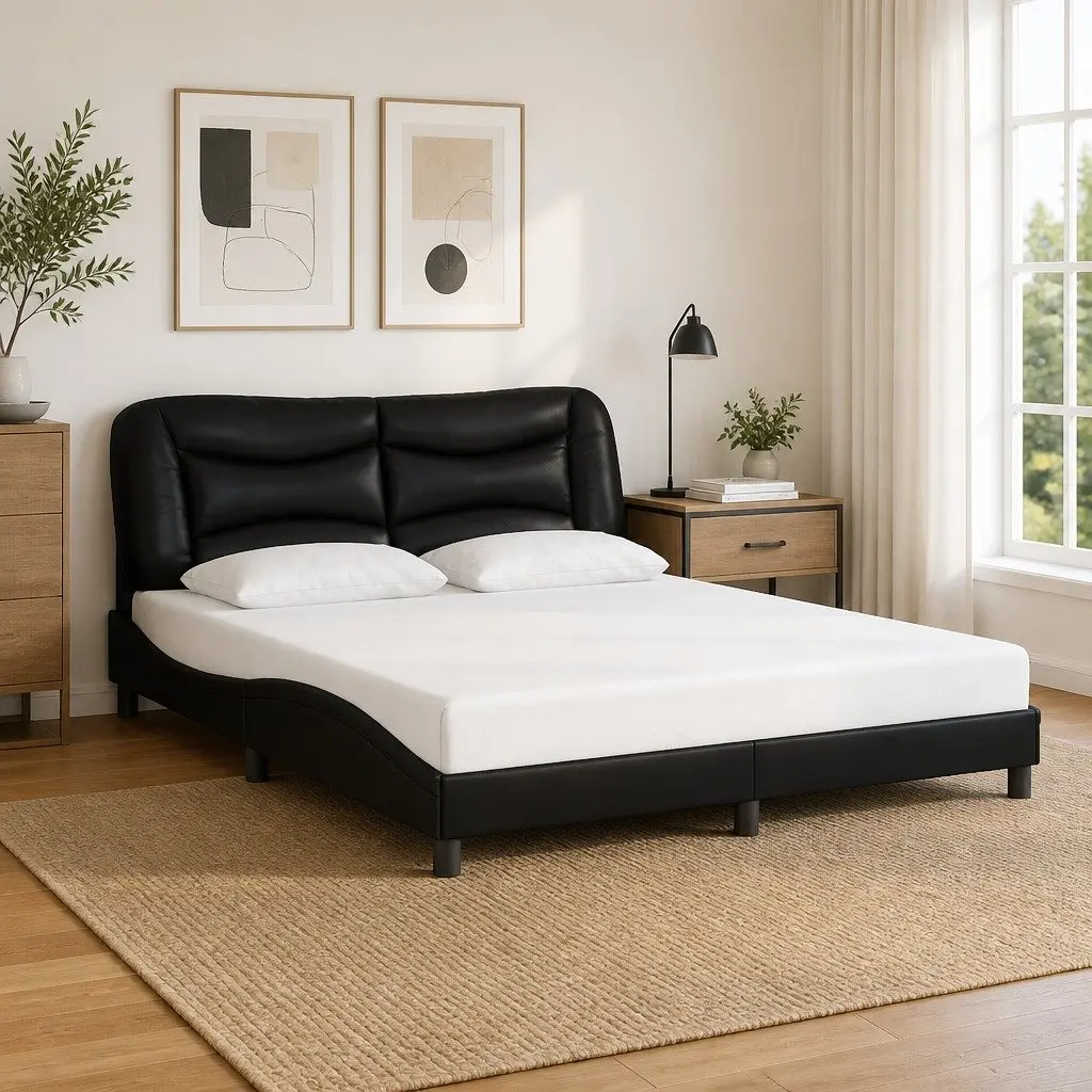 Queen Bed Frame Black Faux Leather Headboard Bedroom Furniture 152x203 cm