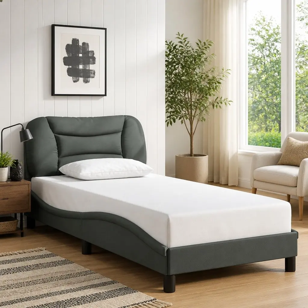 Fabric Bed Frame Grey 90 x 190 cm Cushioned Headboard Slatted Base Modern Bedroom Furniture