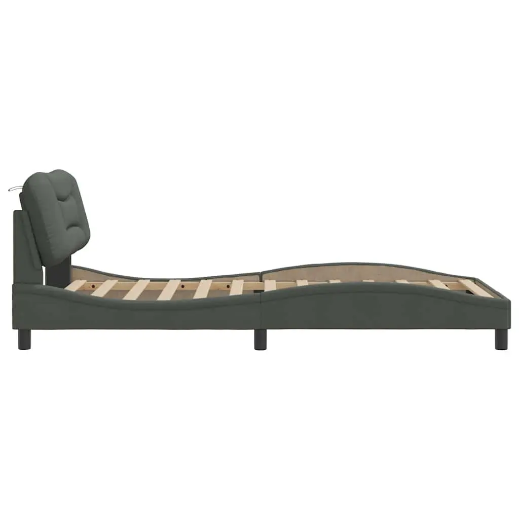 Bed Frame Grey 107x203cm Upholstered Headboard Plywood Slats Support