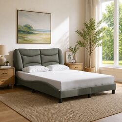 Double Bed Frame Grey Fabric Headboard 137x190 cm Bedroom Furniture Platform