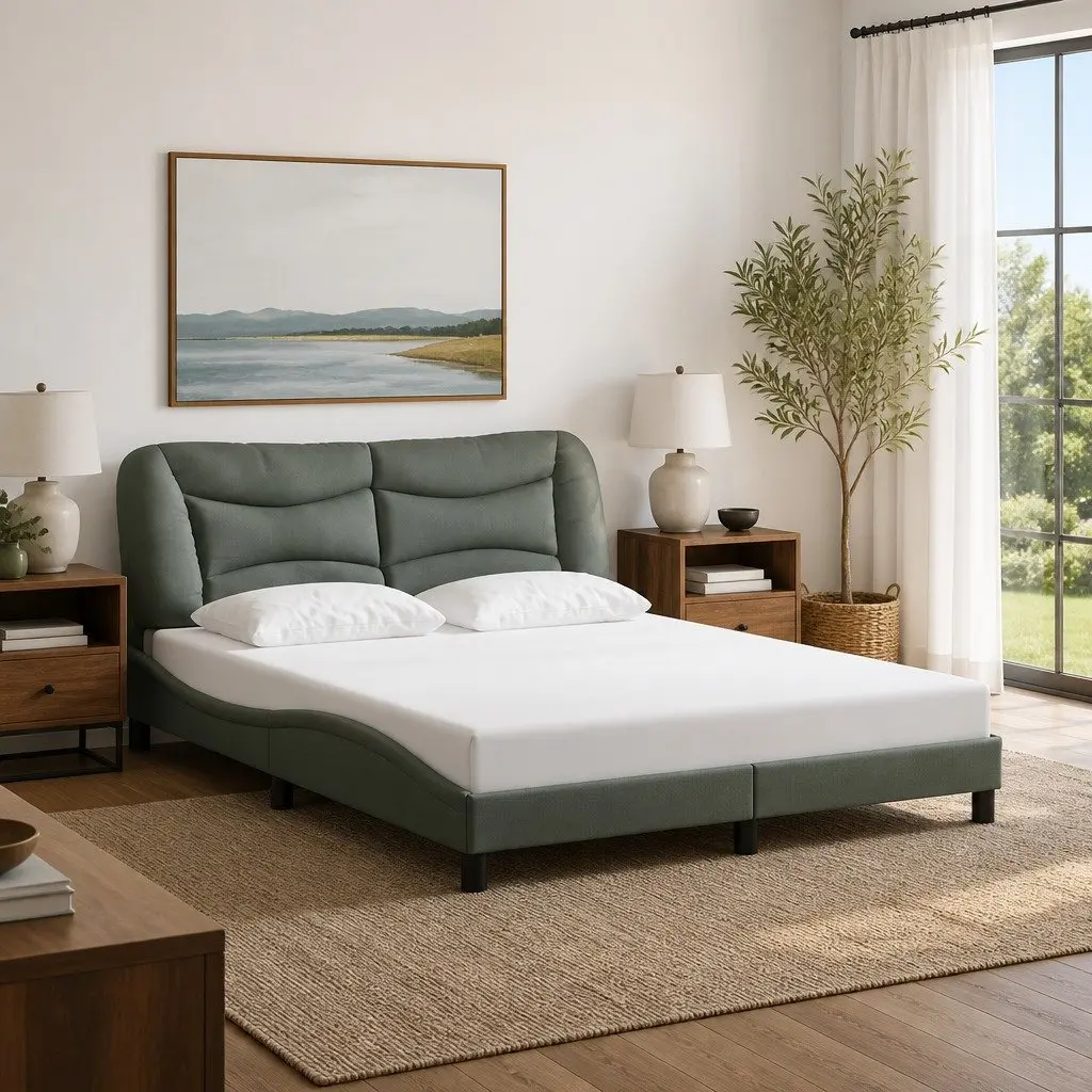 Queen Bed Frame Grey Fabric 152x203cm Upholstered Headboard Plywood Slats