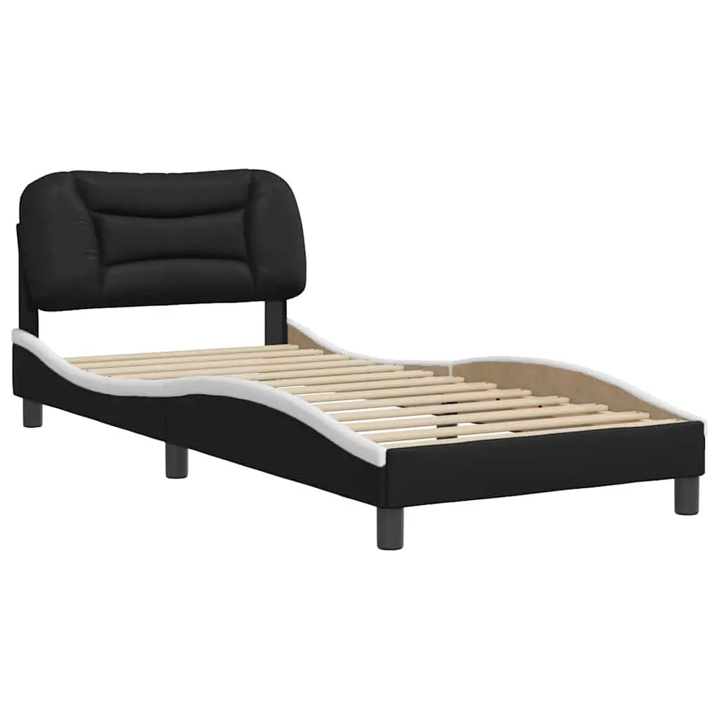 Bed Frame 90x190 cm with Headboard White Black Faux Leather Slatted Base