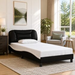 King Single Bed Frame with Headboard Faux Leather White Black 107x203cm Bedroom