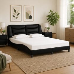 Queen Bed Frame Black Faux Leather Headboard Pillow 152x203 cm Bedroom Furniture