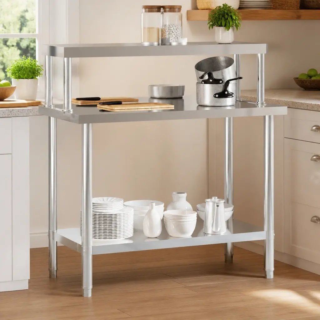 Stainless Steel Kitchen Work Table 110 x 55 x 120 cm with Overshelf and Bottom Shelf