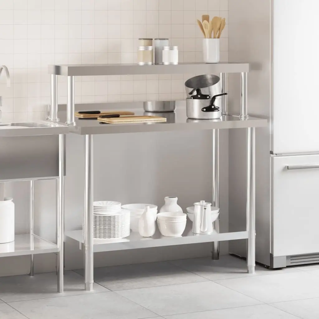 Stainless Steel Kitchen Work Table 110 x 55 x 120 cm with Overshelf and Bottom Shelf