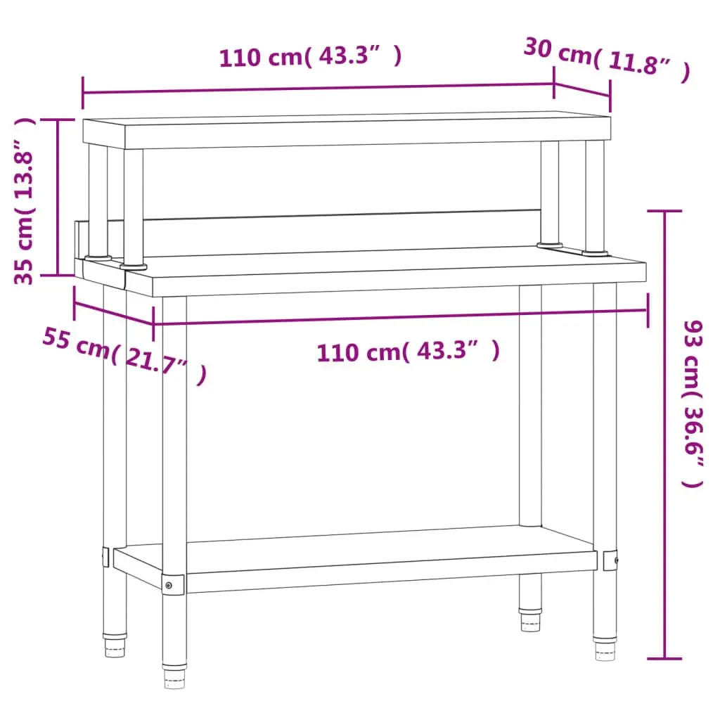 Stainless Steel Kitchen Work Table 110 x 55 x 120 cm with Overshelf and Bottom Shelf