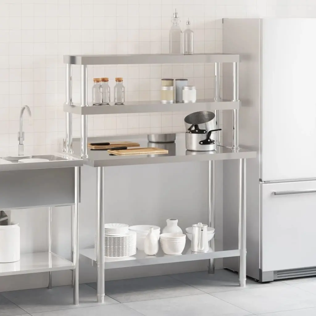 Stainless Steel Kitchen Work Table 110x55x150cm with Overshelf and Backsplash for Food Preparation and Storage