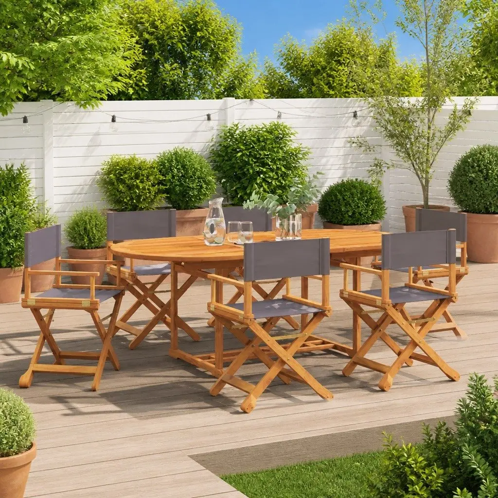 Folding Garden Chairs Set Grey Fabric Portable 6 Piece Outdoor Seating