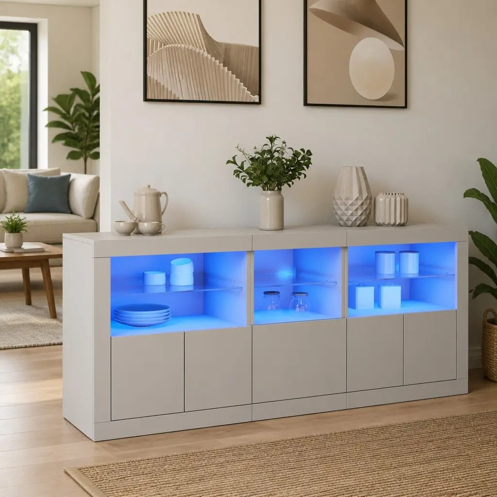 White Sideboard RGB LED Lights Modern Storage Cabinet 162x37x67cm