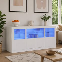 White Sideboard with RGB LED Lights Storage Cabinet Buffet 142.5x37x67cm
