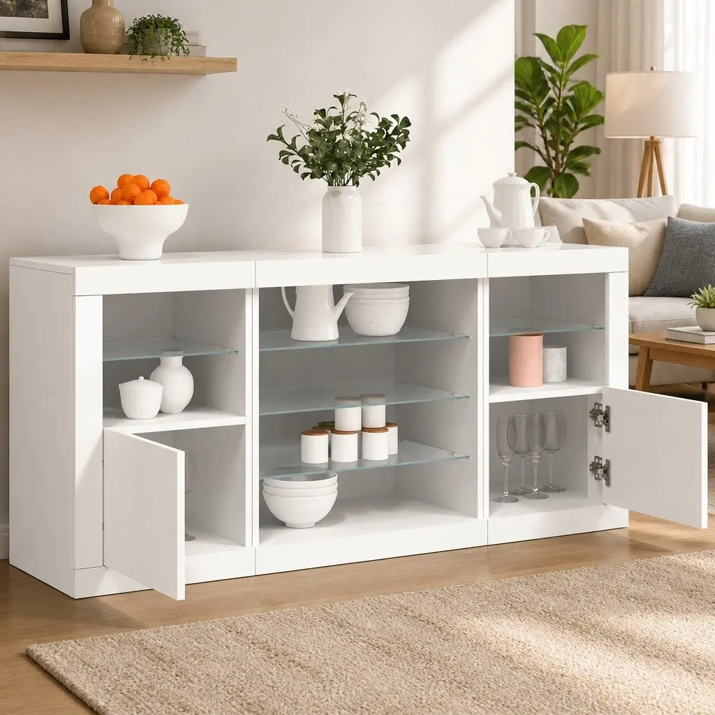 White Sideboard RGB LED Lights Modern Storage Cabinet Buffet 142.5 x 37 x 67 cm