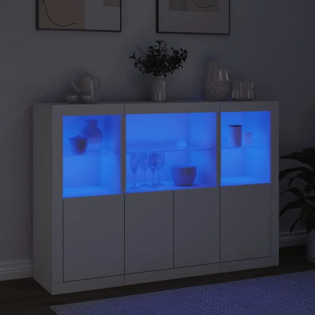 Sideboards White 3 Pieces RGB LED Lights Storage Cabinet Buffet Furniture