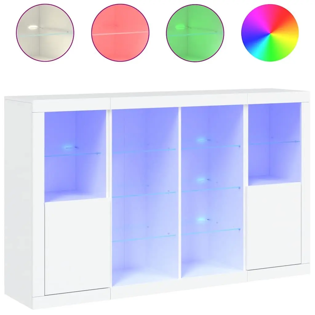3 Piece Set Sideboards White Engineered Wood Storage Cabinets with Adjustable RGB LED Lights