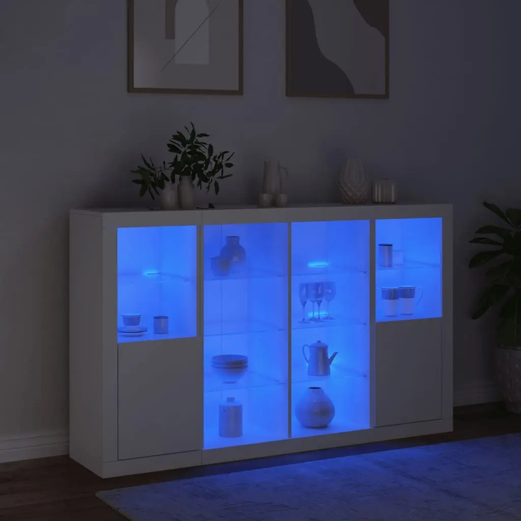3 Piece Set Sideboards White Engineered Wood Storage Cabinets with Adjustable RGB LED Lights