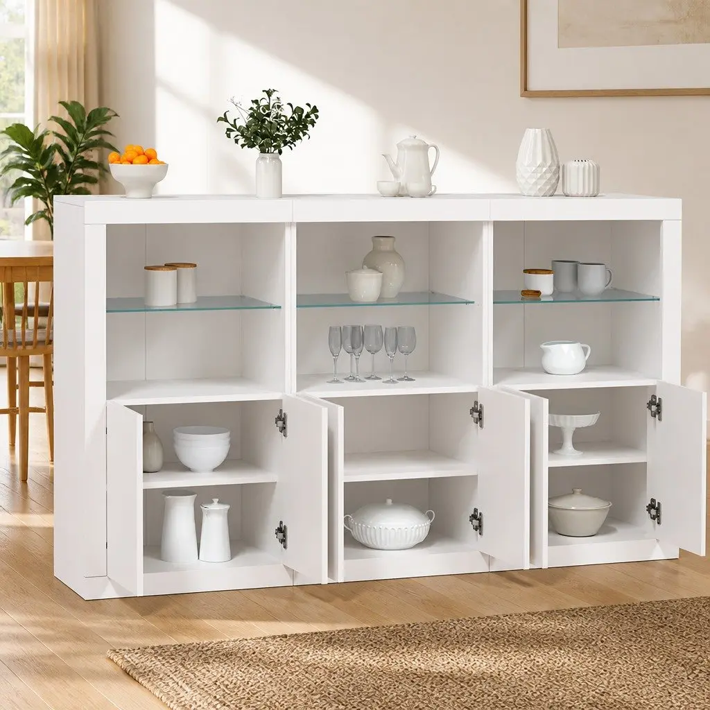 White Sideboard Cabinet RGB LED Lights Modern Storage Buffet 181.5 x 37 x 100 cm