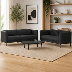 2 Piece Sofa Set Black Fabric Living Room Seating Modern Design Comfortable