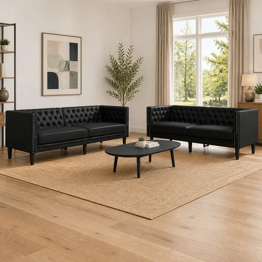 Chesterfield Sofa Set Black Faux Leather 2 Piece Button Tufted Living Room