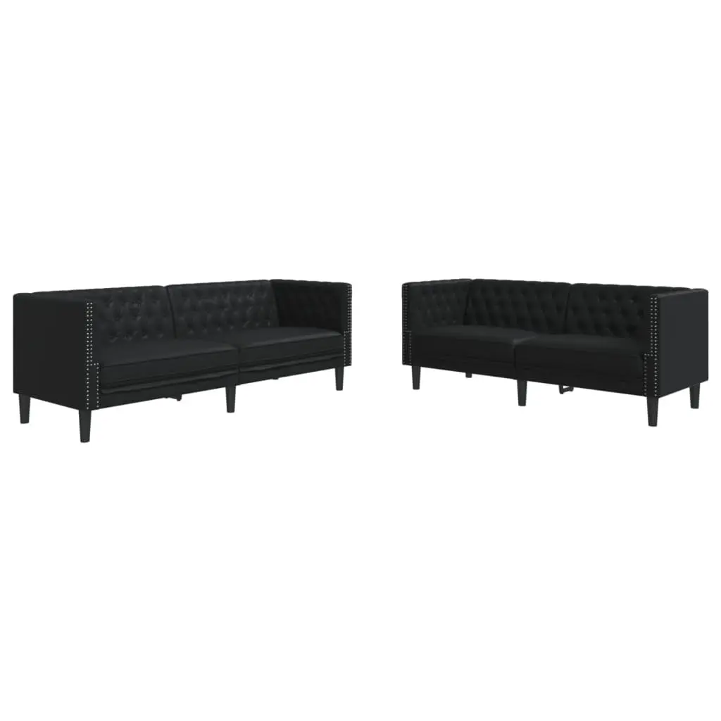Chesterfield Sofa Set Black Faux Leather 2 Piece Button Tufted Living Room