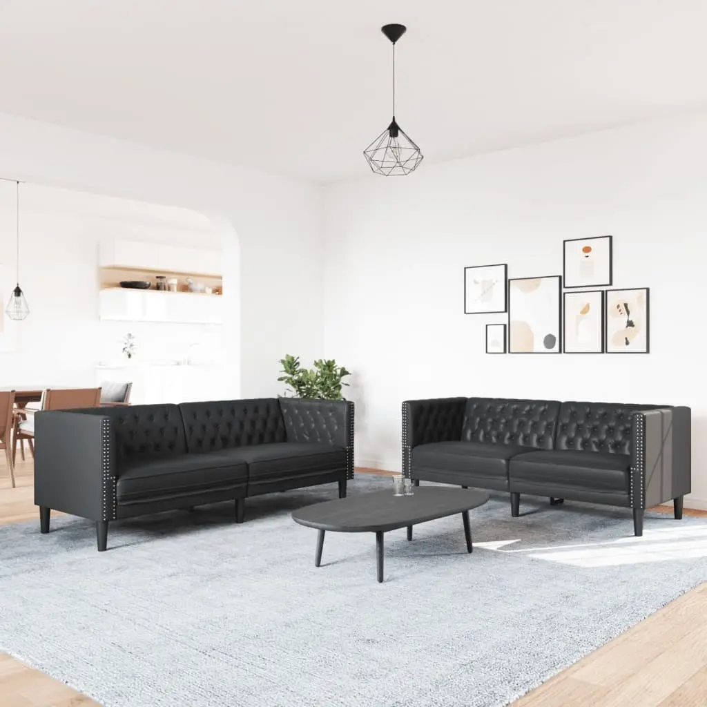 Chesterfield Sofa Set Black Faux Leather 2 Piece Button Tufted Living Room