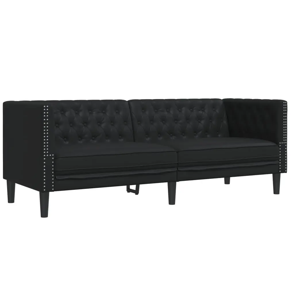 Chesterfield Sofa Set Black Faux Leather 2 Piece Button Tufted Living Room