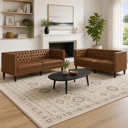 Chesterfield Sofa Set 2 Piece Brown Button Tufted Lounge Suite Living Room