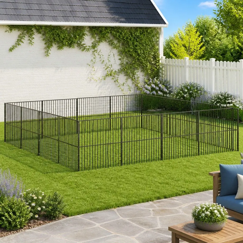 Dog Playpen Black 16 Panels Galvanised Steel Pet Exercise Enclosure