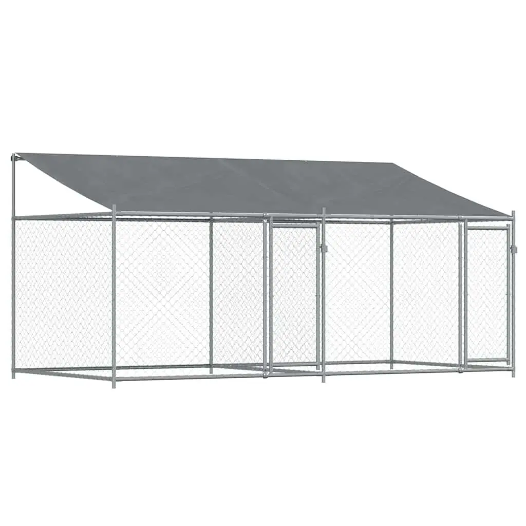 Dog Cage Grey 4x2x2m Galvanised Steel Outdoor Kennel with Roof and Lockable Doors