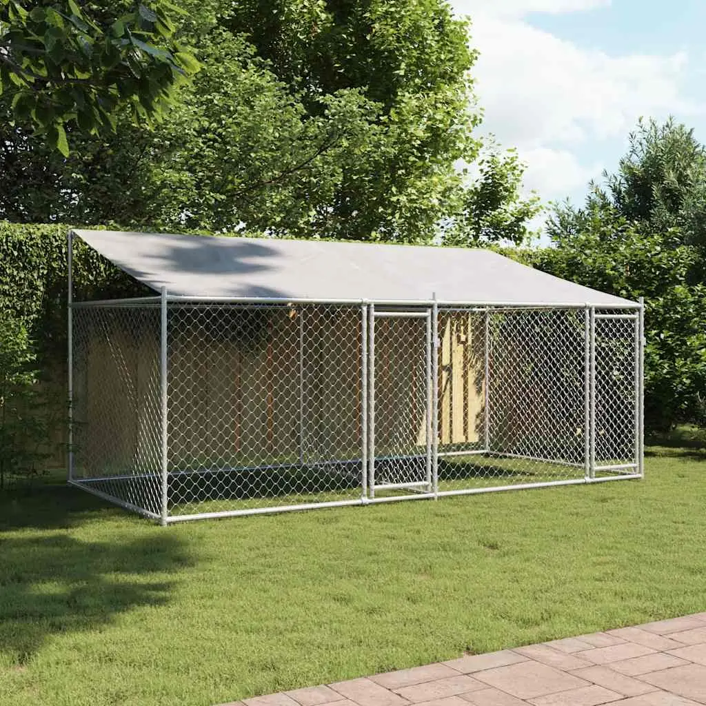 Dog Cage Grey 4x2x2m Galvanised Steel Outdoor Kennel with Roof and Lockable Doors