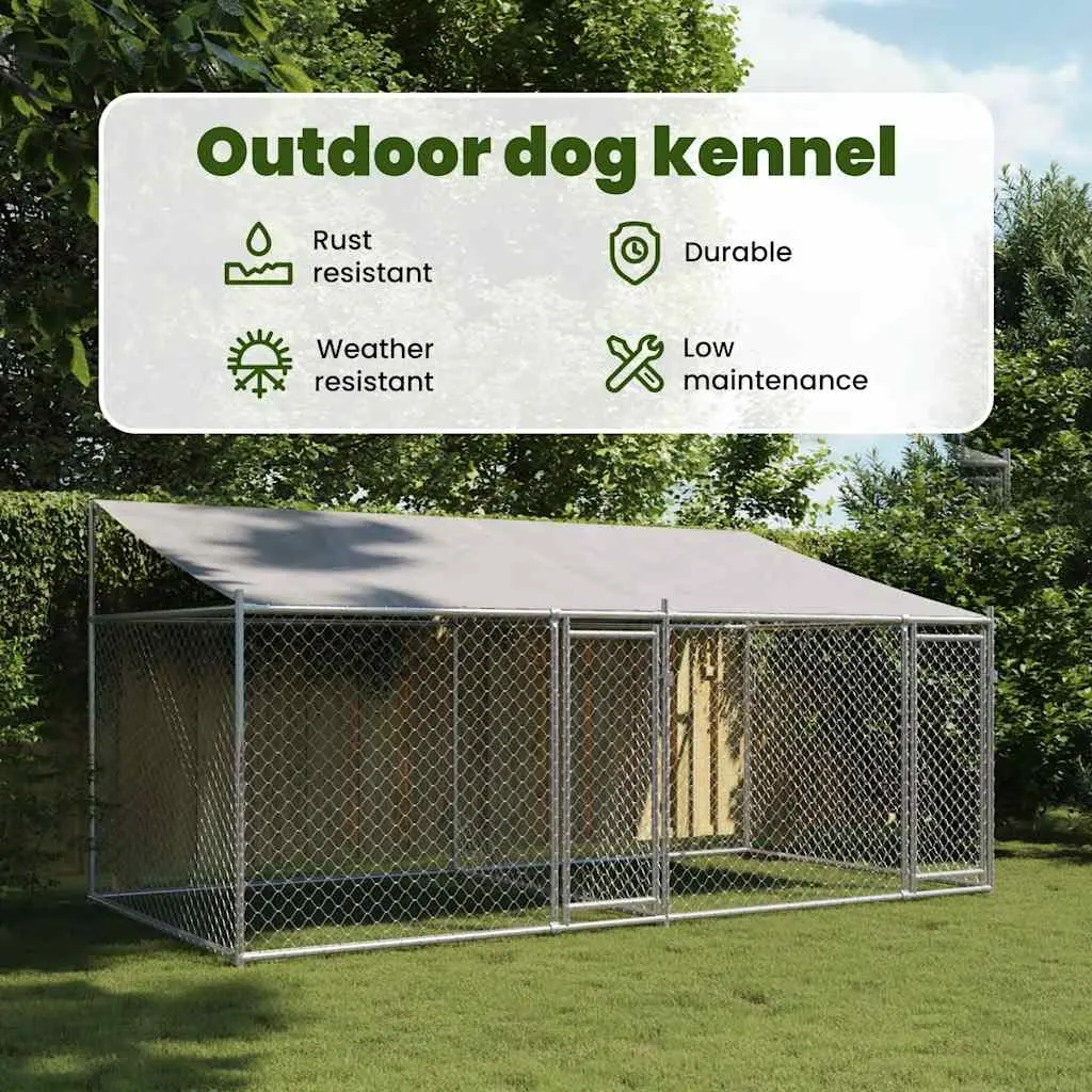 Dog Cage Grey 4x2x2m Galvanised Steel Outdoor Kennel with Roof and Lockable Doors