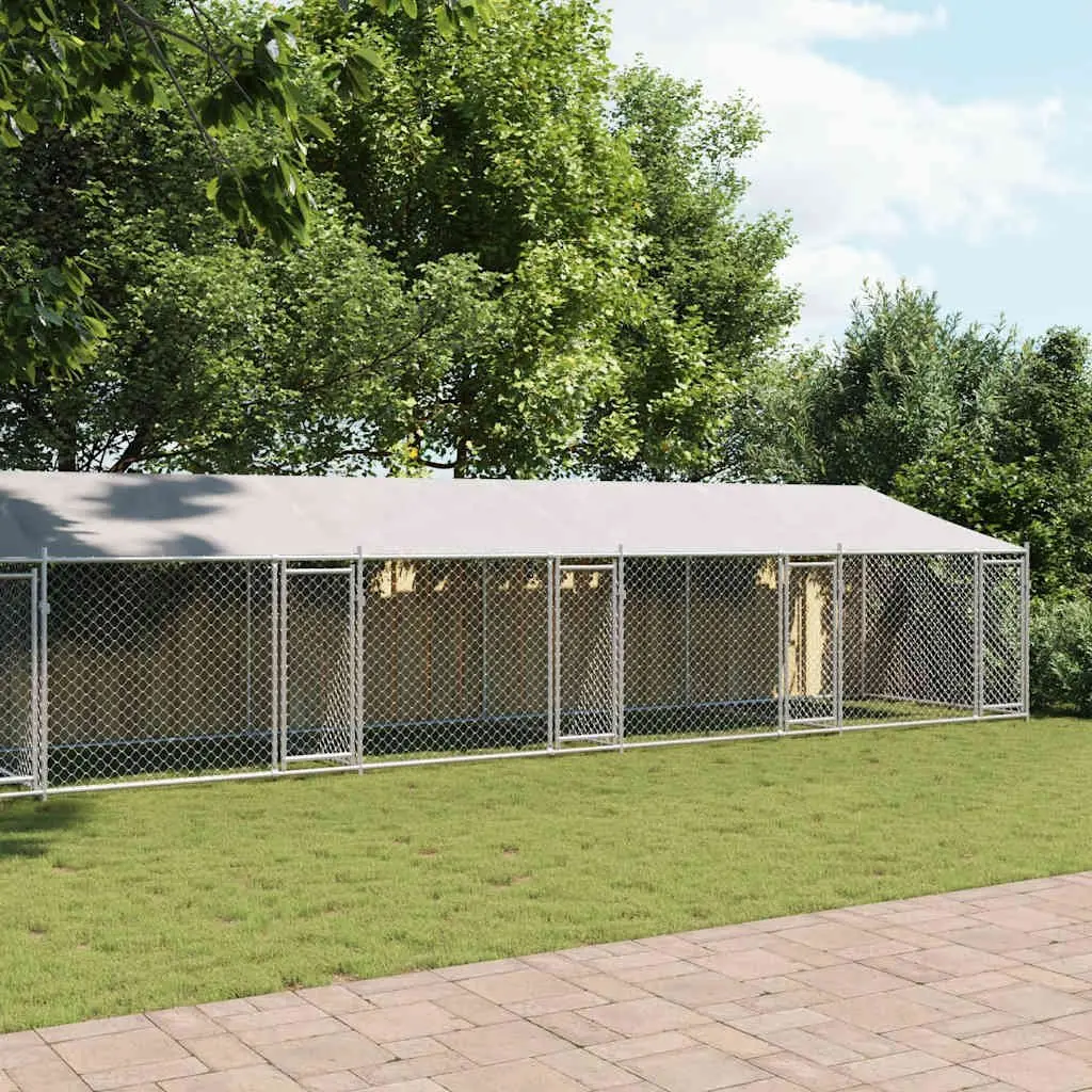 Dog Kennel Grey Galvanised Steel Outdoor Cage with Roof Lockable Doors
