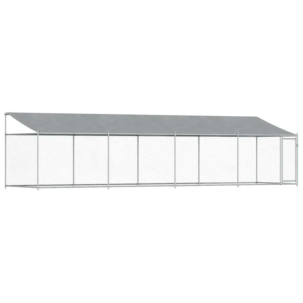 Dog Cage Kennel Grey Galvanised Steel Outdoor Run with Roof and Lockable Door