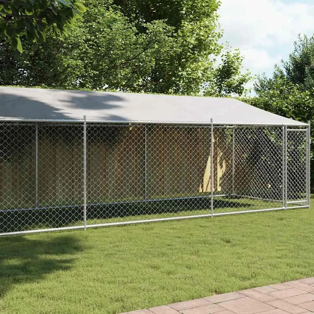 Dog Cage Kennel Grey Galvanised Steel Outdoor Run with Roof and Lockable Door
