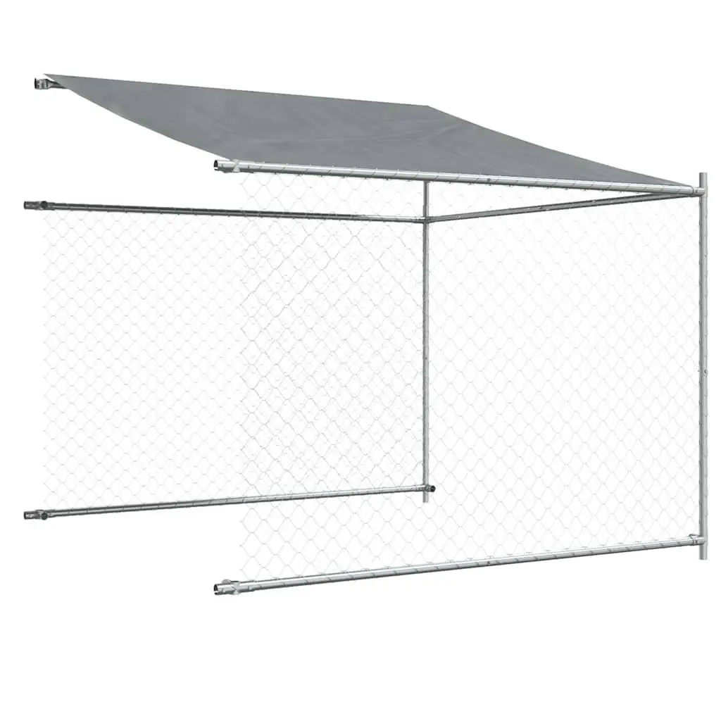 Dog Cage Kennel Grey Galvanised Steel Outdoor Run with Roof and Lockable Door