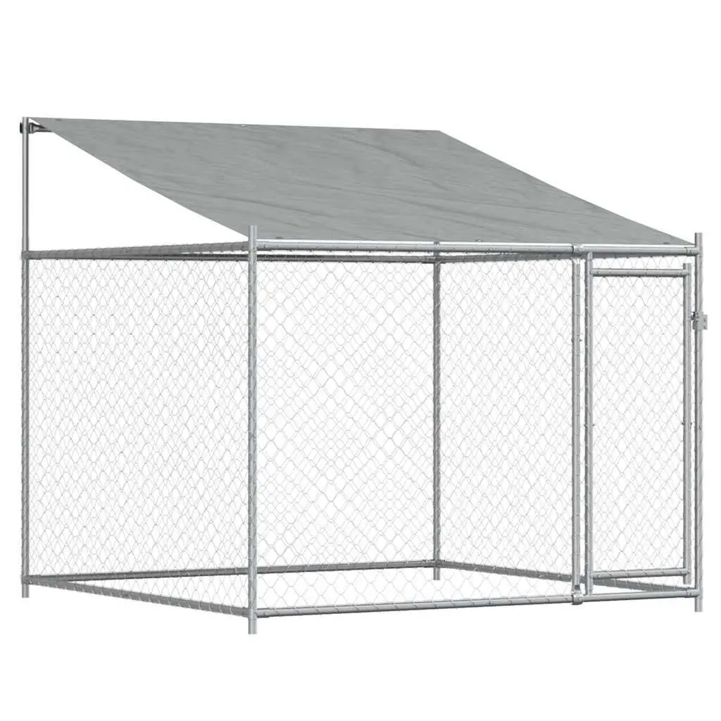 Dog Cage Kennel Grey Galvanised Steel Outdoor Run with Roof and Lockable Door