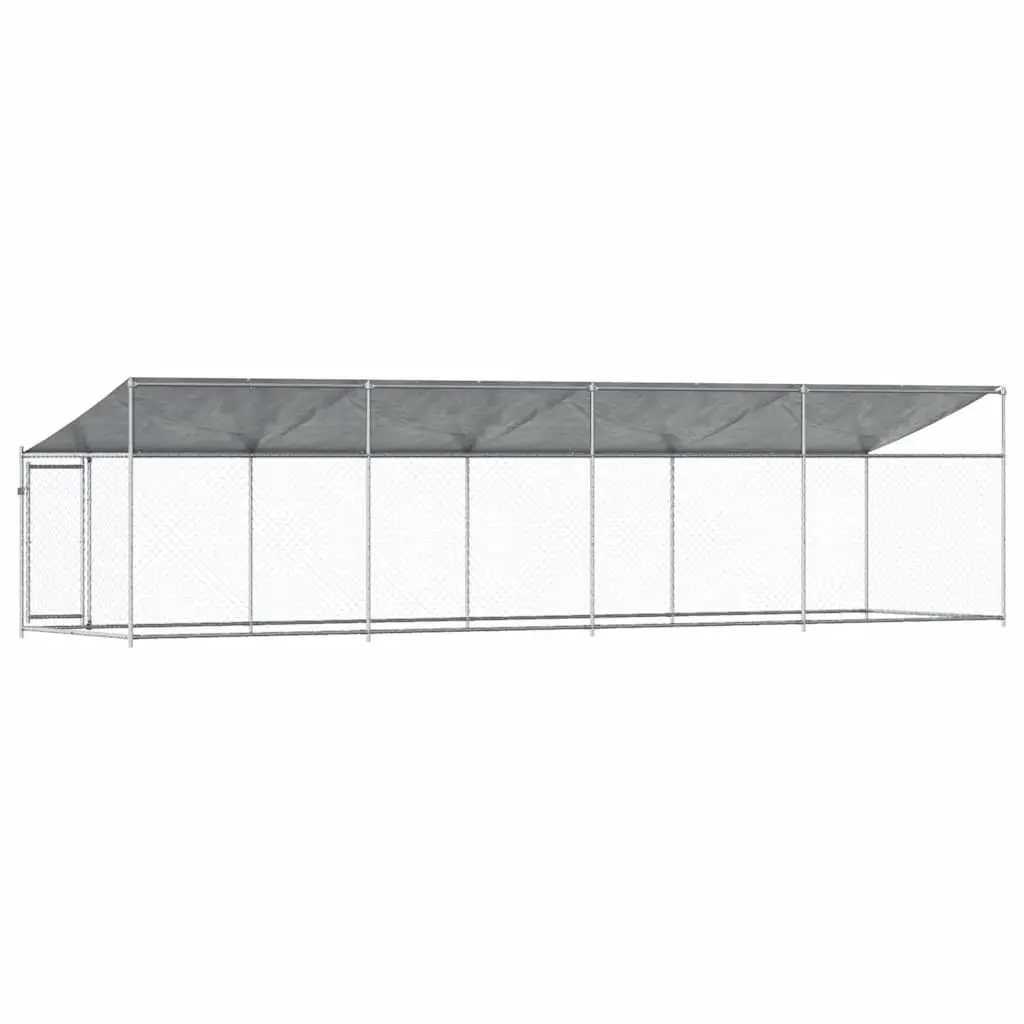 Dog Cage Kennel Grey Galvanised Steel Outdoor Run with Roof and Lockable Door